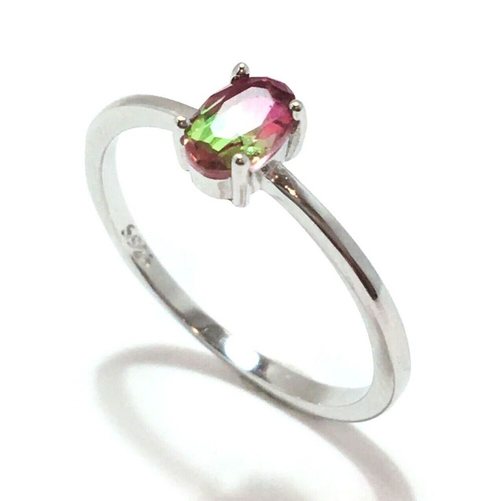 Sterling Silver Ring Simulated Watermelon Tourmaline Cubic Zirconia Size 6.75